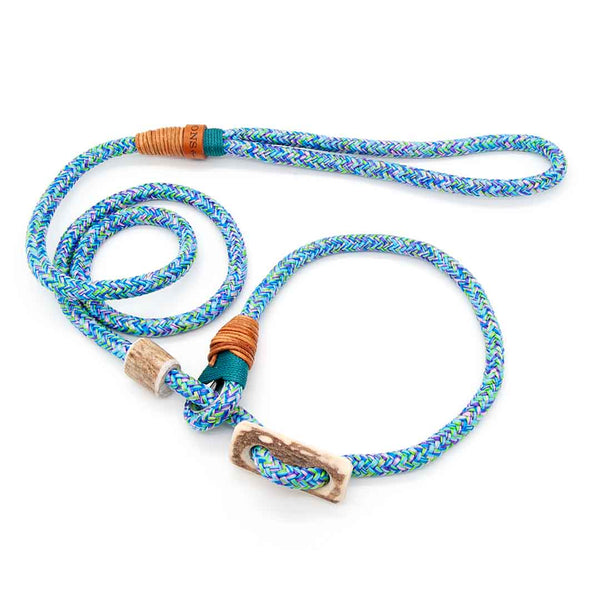 Stufenlos verstellbare Premium Retrieverleine 6 mm Aqua Marine mit Takling, mit edlem Hirschhorn-Stopper für Stil + Funktion