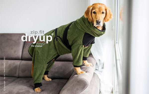 DRYUP BODY® Grün Hundebademantel mit Rollkragen – trocknet Ohren & Hals deines Hundes für extra Schutz