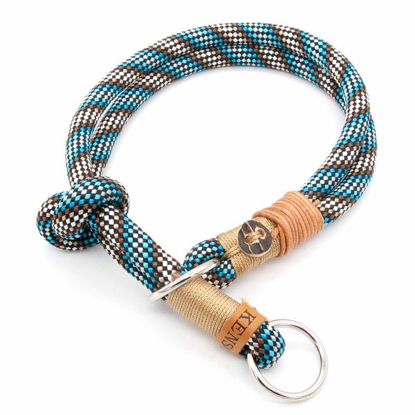 Handgefertigtes Zugstopp-Hundehalsband Blau-Schwarz-Beige - komfortabel, praktisch, sicher. Ein zeitloses Must-have.