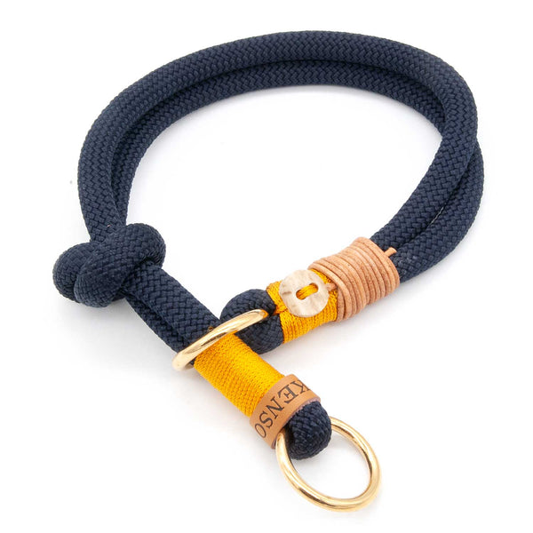 Handgefertigtes Zugstopp-Hundehalsband Blau-Gelb - komfortabel, praktisch, sicher. Ein zeitloses Must-have.