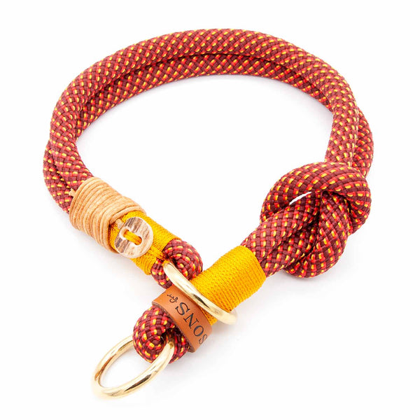 Handgefertigtes Zugstopp-Hundehalsband Rot-Gelb - komfortabel, praktisch, sicher. Ein zeitloses Must-have.