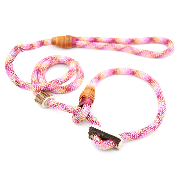 Premium Moxon 10 mm Rosea Dream mit Takling und Hirschhorn-Stopper, handgefertigte Retrieverleine für Hunde